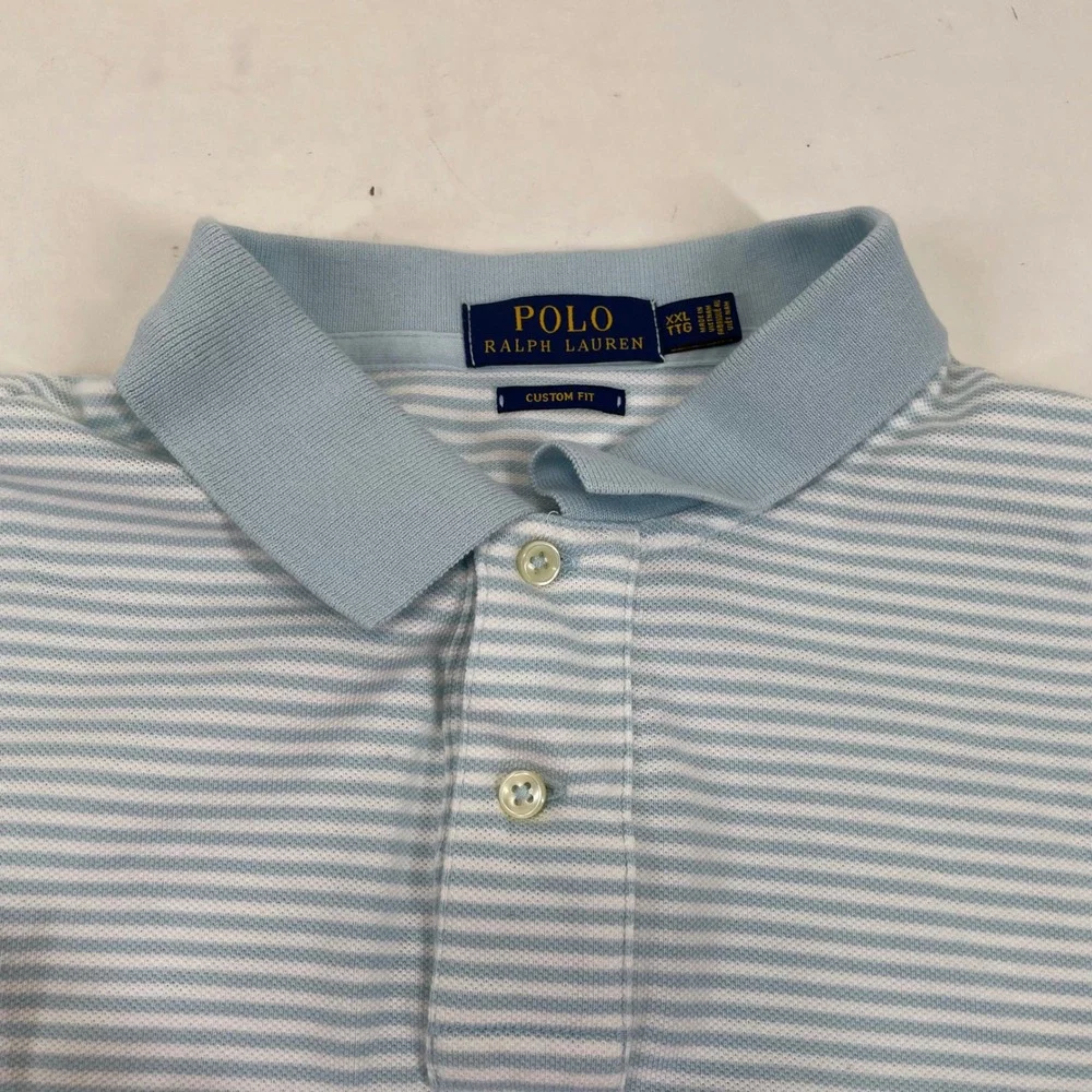 Polo Ralph Lauren Mens 2XL Custom Fit Striped Polo Shirt Light Blue White Cotton